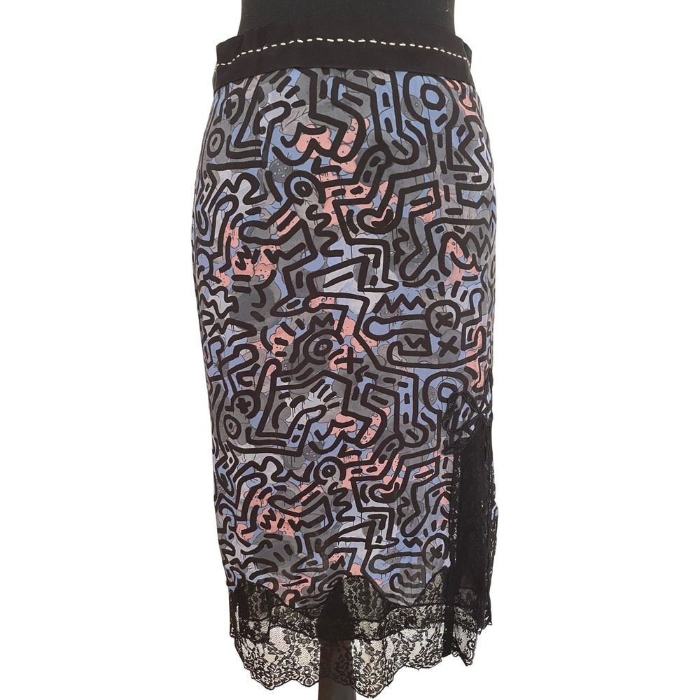 Coach Keith Haring Skirt Womens 0 Blue Cupro Viscose Lace Trim Graffiti Designer